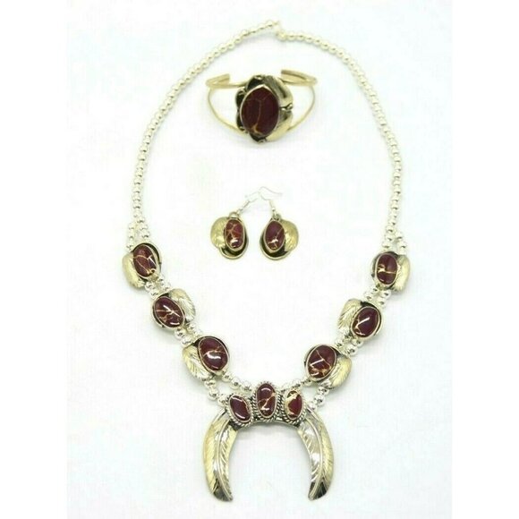 Red Gold Brecciated Jasper Navajo Mexican Silver N - Picture 1 of 12